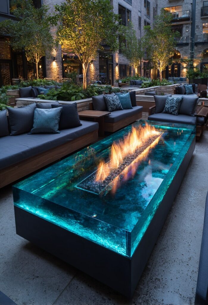 2. Turquoise Glass Fire Pit That Glows at Night