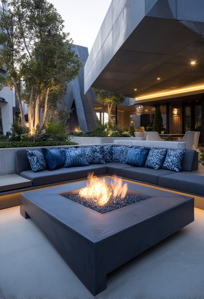 12. Square Fire Pit Framed by Concrete Lounge Seating