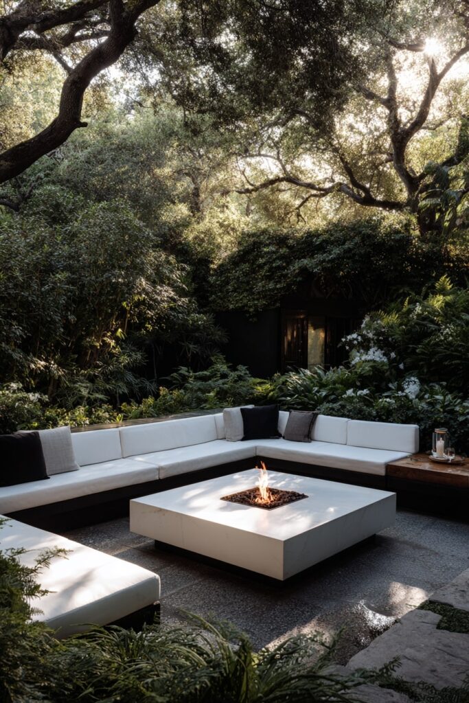 7. Sleek Concrete Fire Pit in a Forest Lounge
