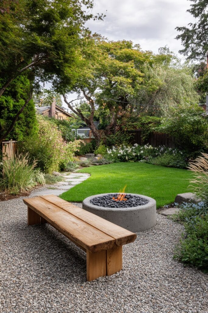 14. Nature-Framed Fire Pit with Simple Wooden Bench