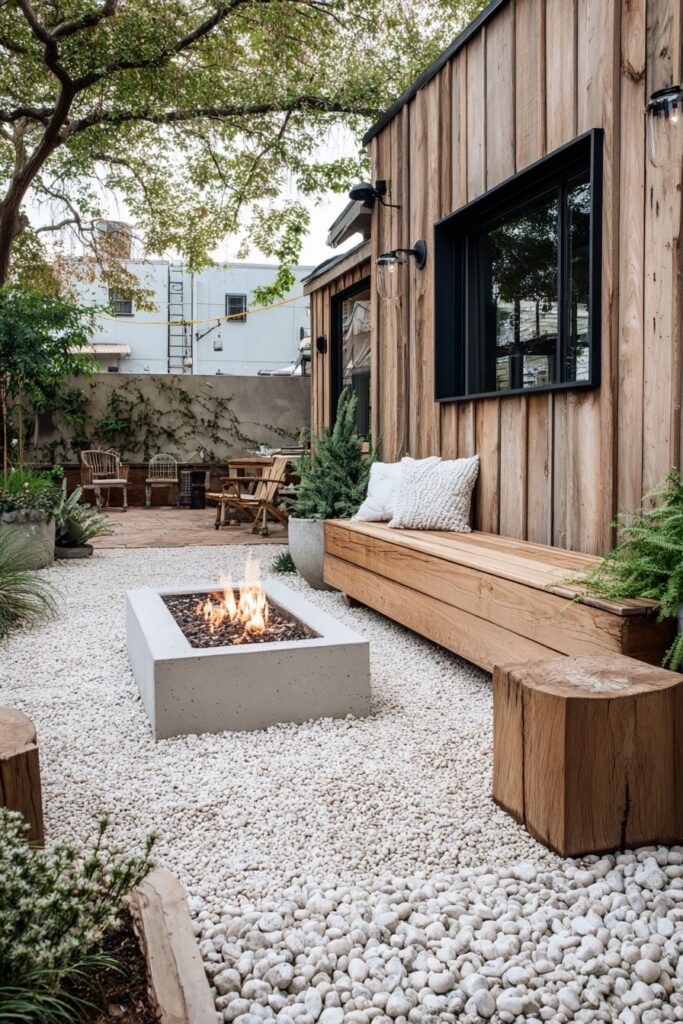 3. Modern Courtyard Fire Pit with Sleek Wood Seating