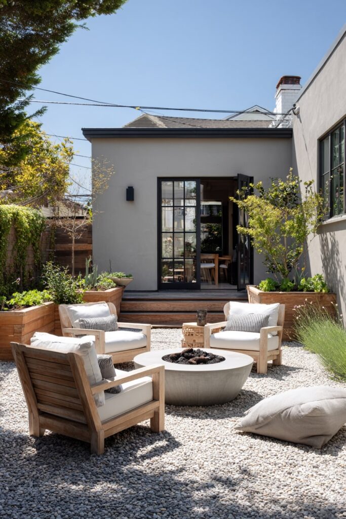 15. Courtyard Comfort with Soft Wood Tones and Pea Gravel