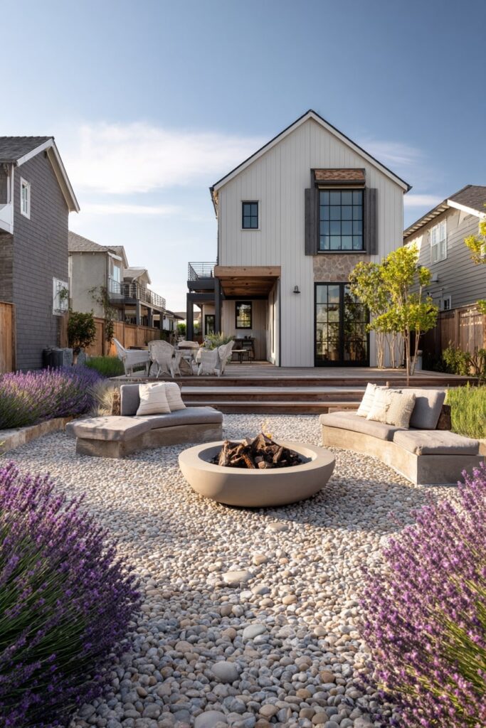 1. Modern Farmhouse Fire Pit with Lavender Edging