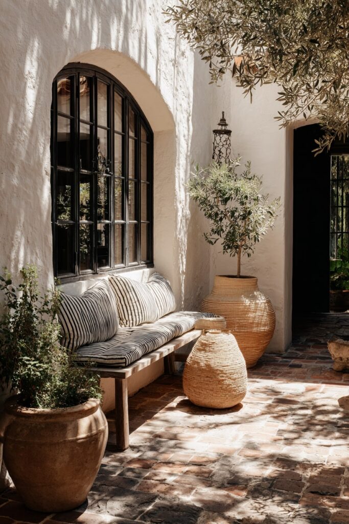 Mediterranean Patio Garden with Striped Bench
