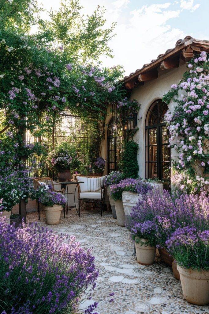 10. Mediterranean Courtyard with Lavender and Climbing Roses