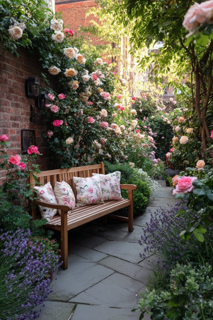 2. Brick Wall Rose Walk with Wooden Bench