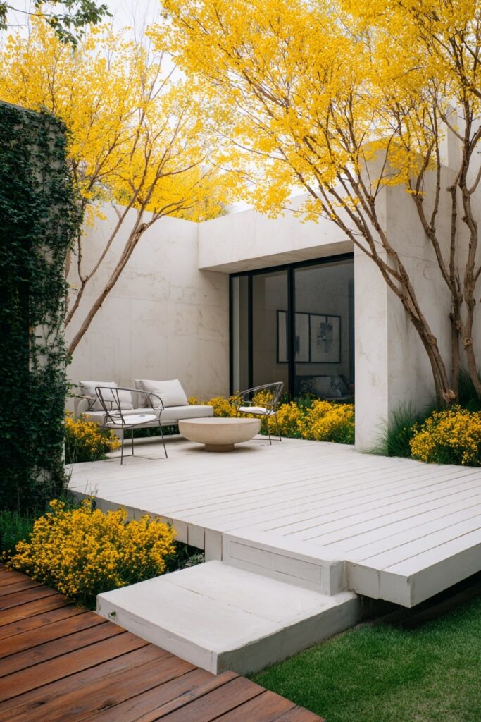 17. Minimalist White Decking Corner with Yellow Accents