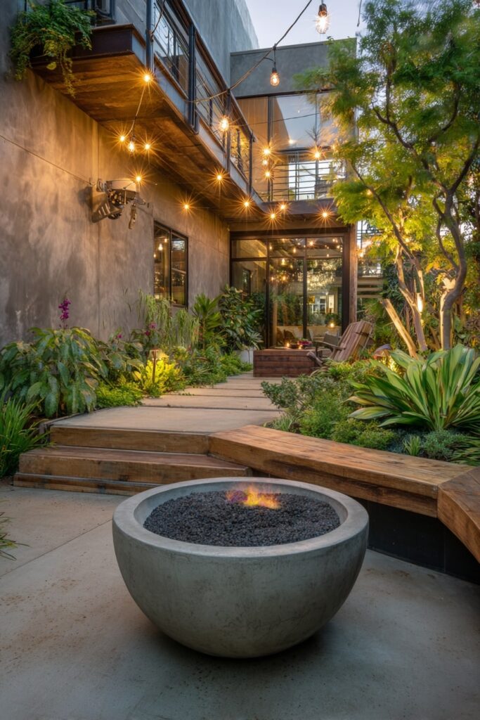 19. Round Concrete Fire Pit in a Modern Courtyard