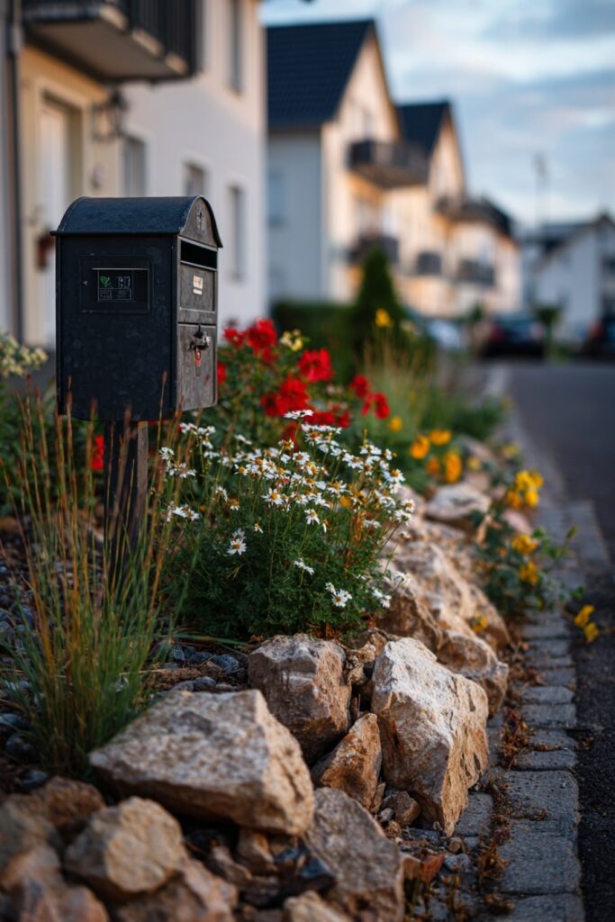 19. Flower-Lined Curb with Rustic Rock Border
