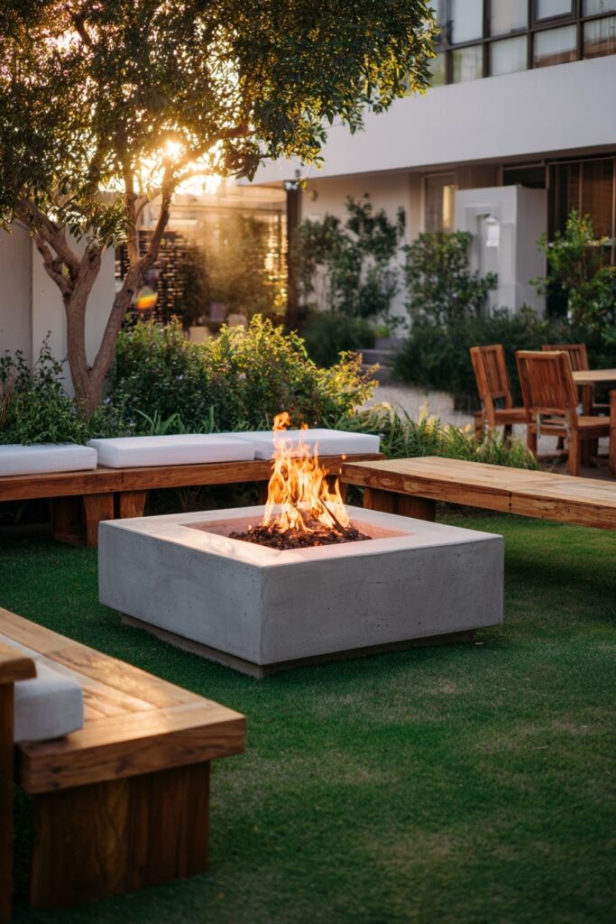 3. Square Concrete Fire Pit with Wooden Bench Seating