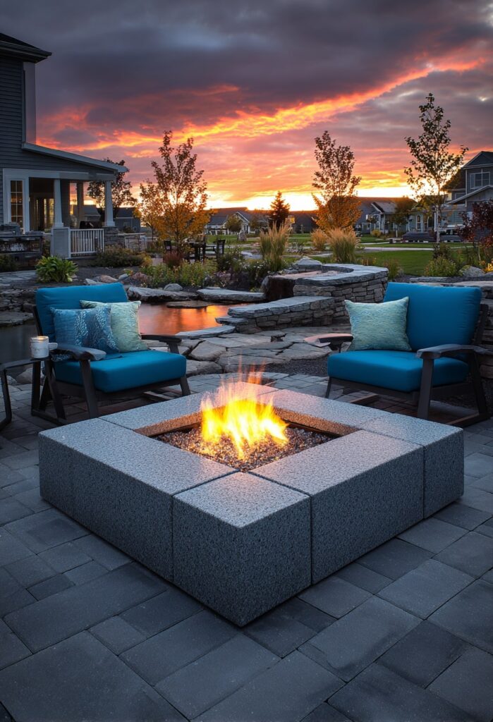 21. Granite Block Fire Pit for a Sunset Patio Setting