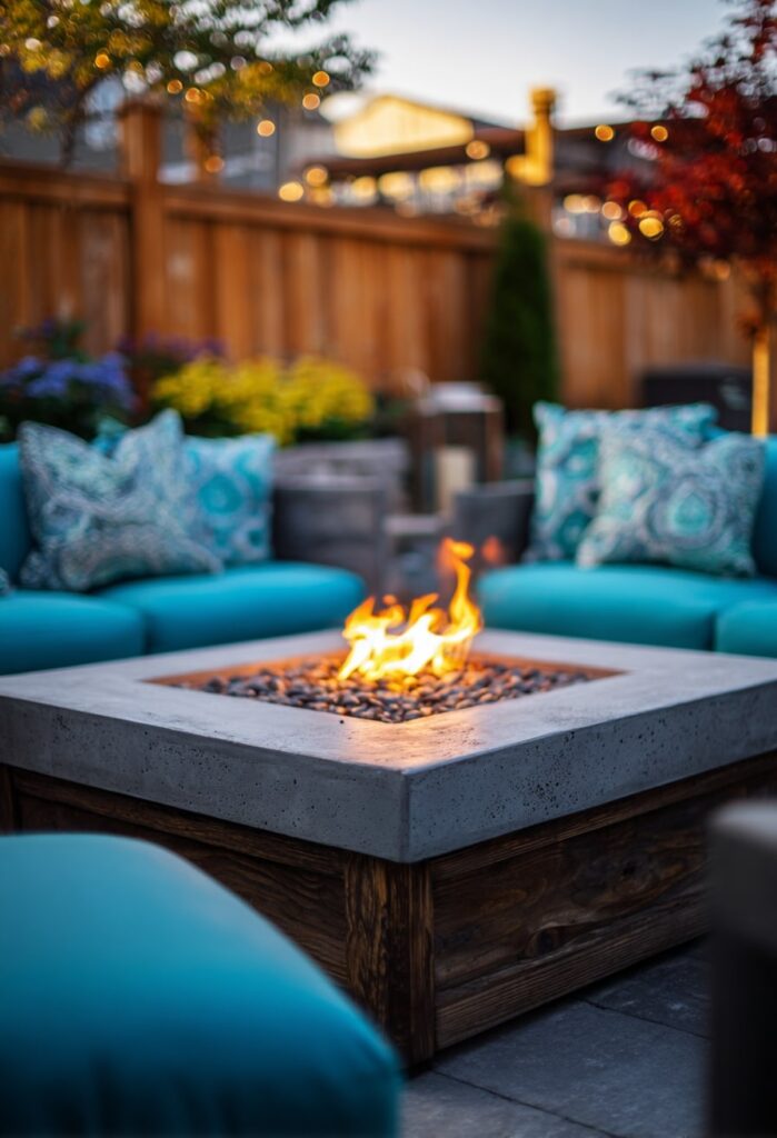 9. Concrete and Wood Fire Table for Small Lounge Spaces