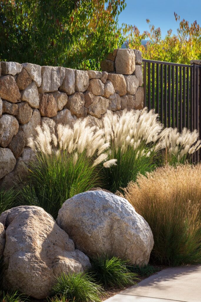 17. Ornamental Grass Border with Natural Stone Wall