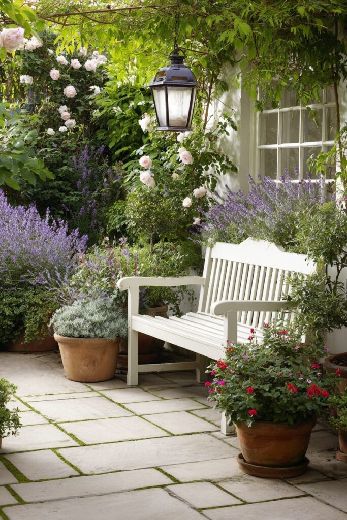 1. White Bench Among Lavender and Roses