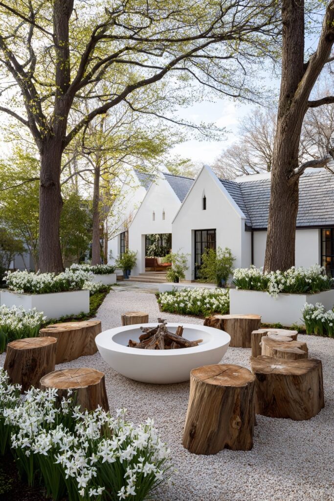 White Garden Fire Pit with Tree Stump Seating