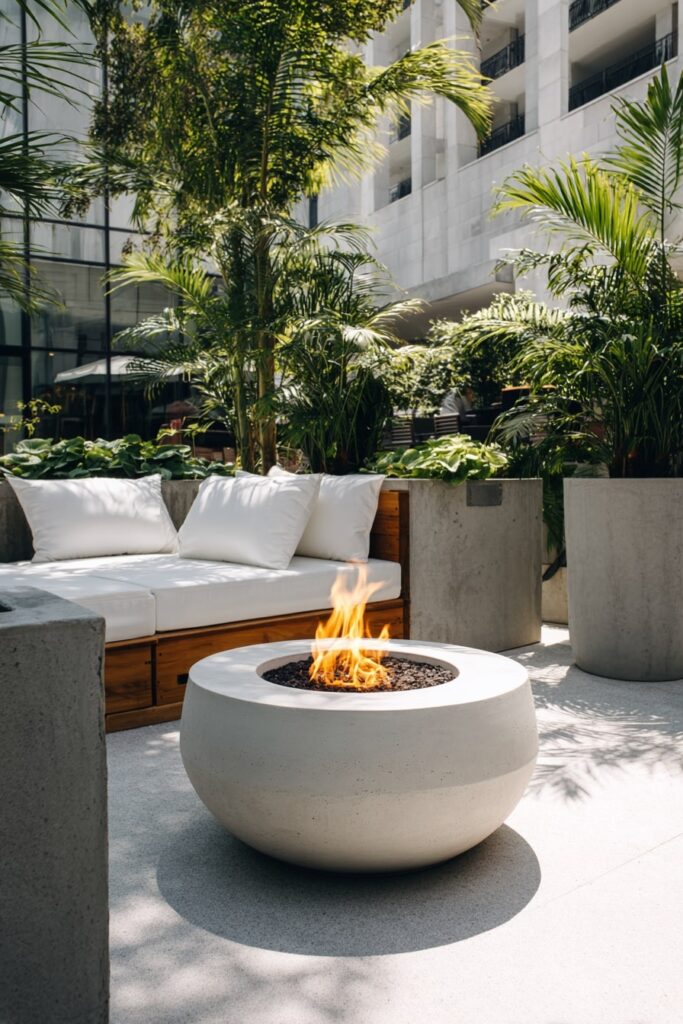 11. Smooth Round Concrete Fire Pit in a Tropical Courtyard