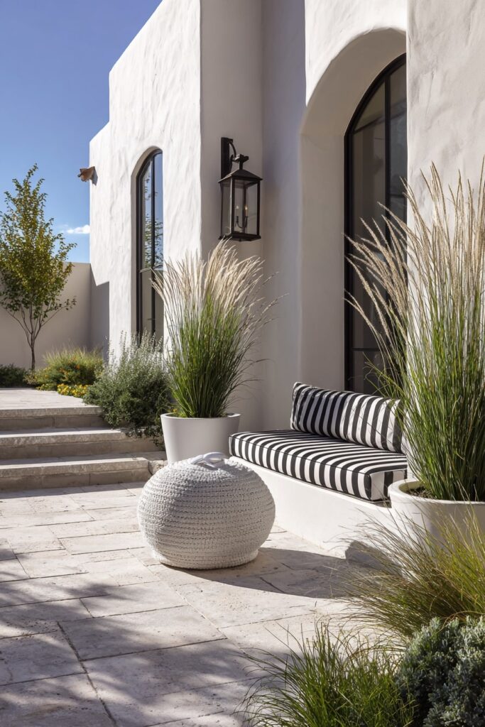 Mediterranean Patio Garden with Striped Seating