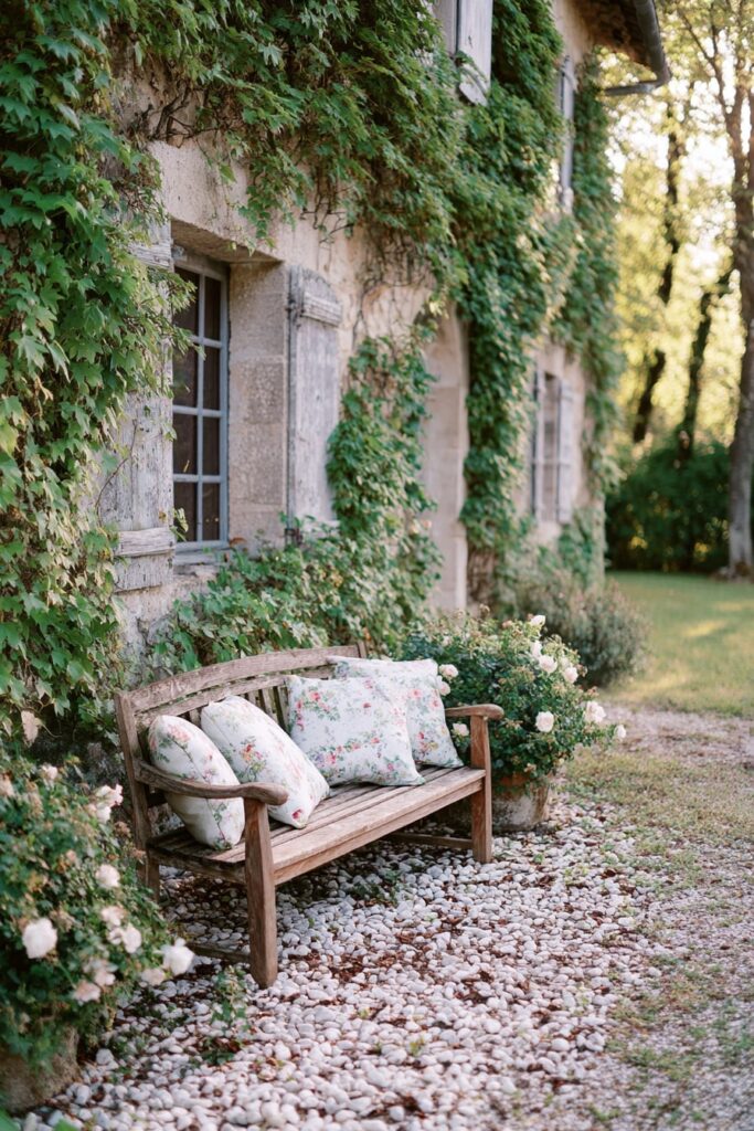 22. Vintage Stone Wall Bench with Floral Cushions