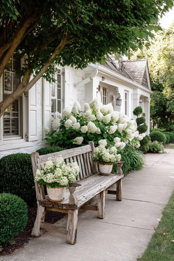 Weathered Bench with Hydrangea Charm