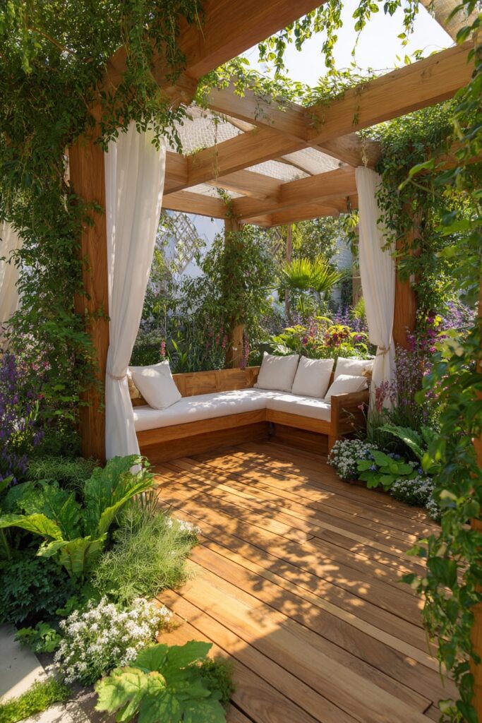 10. Corner Decking Under a Breezy Garden Pergola