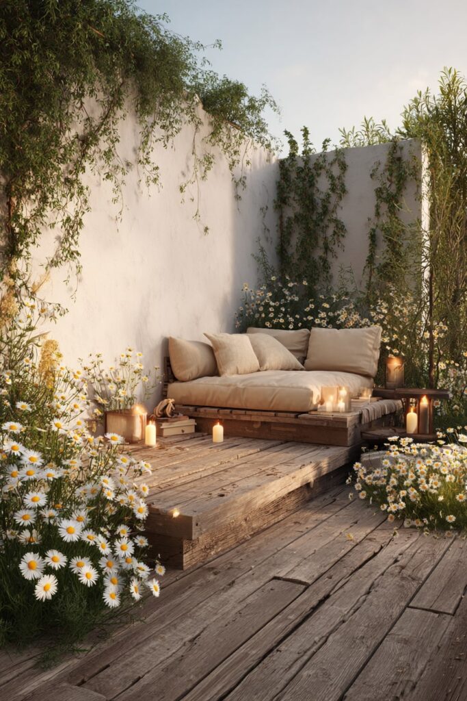 11. Rustic Candlelit Corner Deck with Daisies