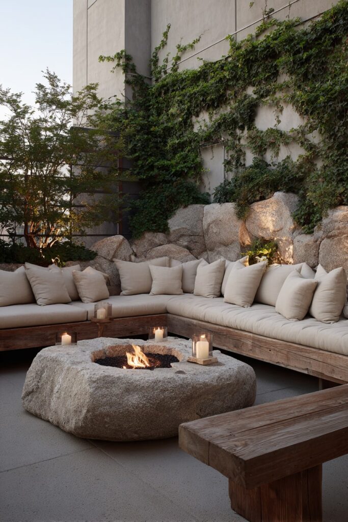 Carved Stone Fire Pit with Earthy Cottage Texture