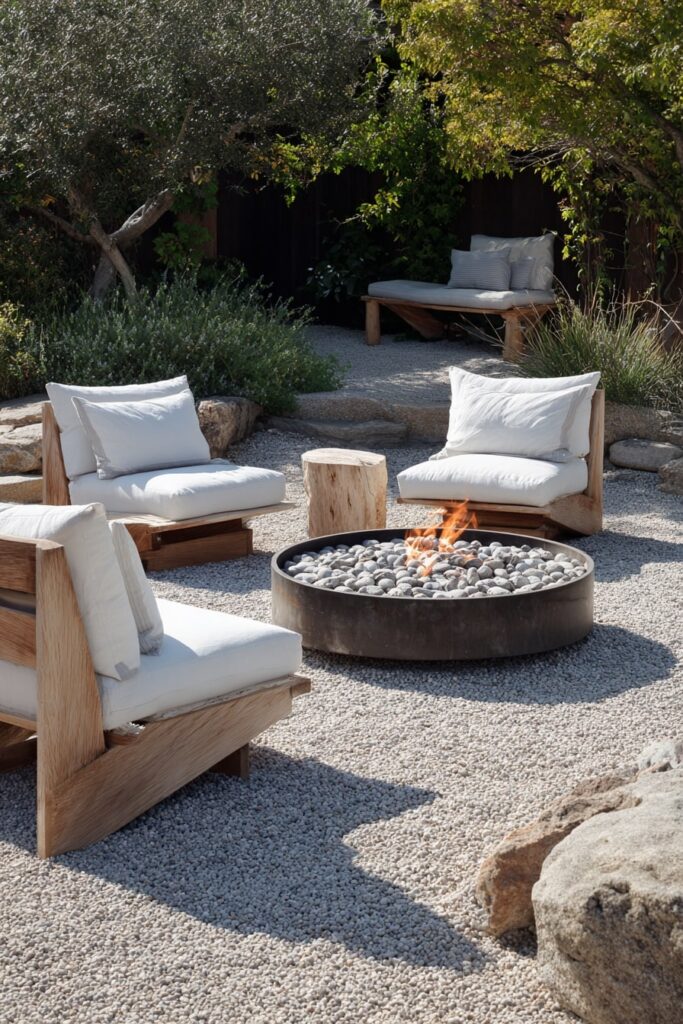 2. Cozy Round Fire Pit with Soft Gravel and Low Seating
