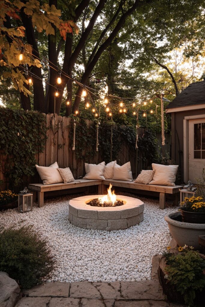 11. String-Lit Backyard Fire Pit with Cozy Bench Seating