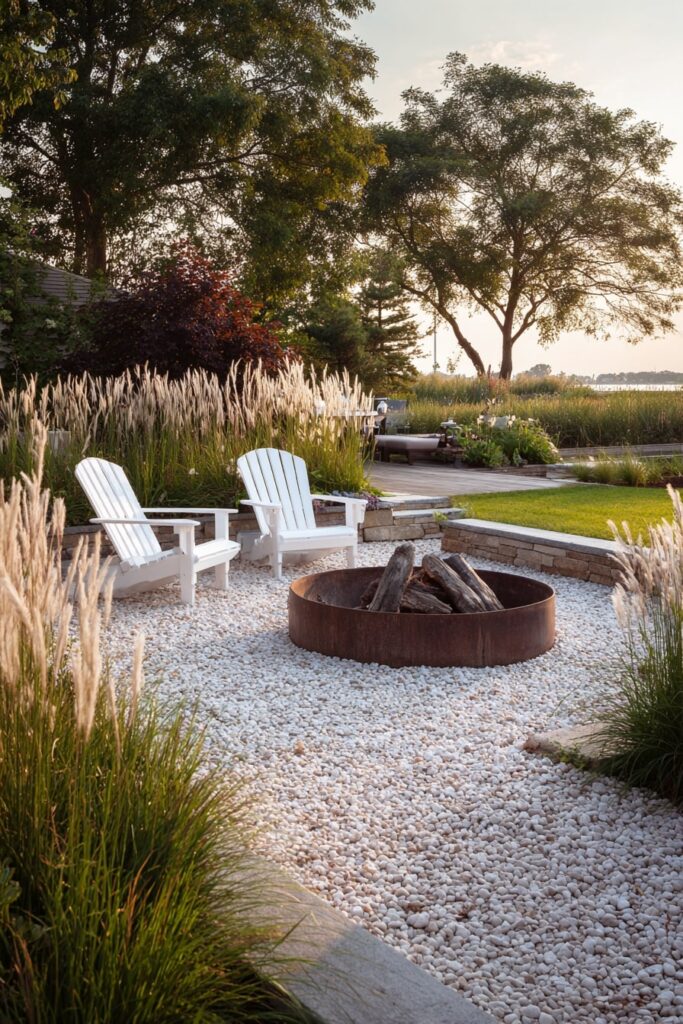 8. Lakefront Gravel Fire Pit with Rustic Steel Ring
