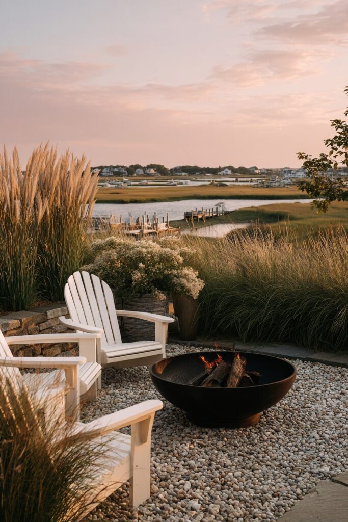 3. Coastal Gravel Fire Pit with Adirondack Charm