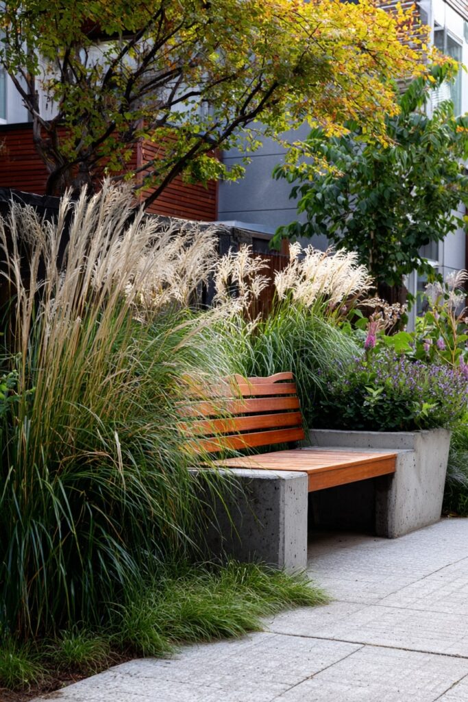 Modern Concrete and Wood Bench Among Ornamental Grasses