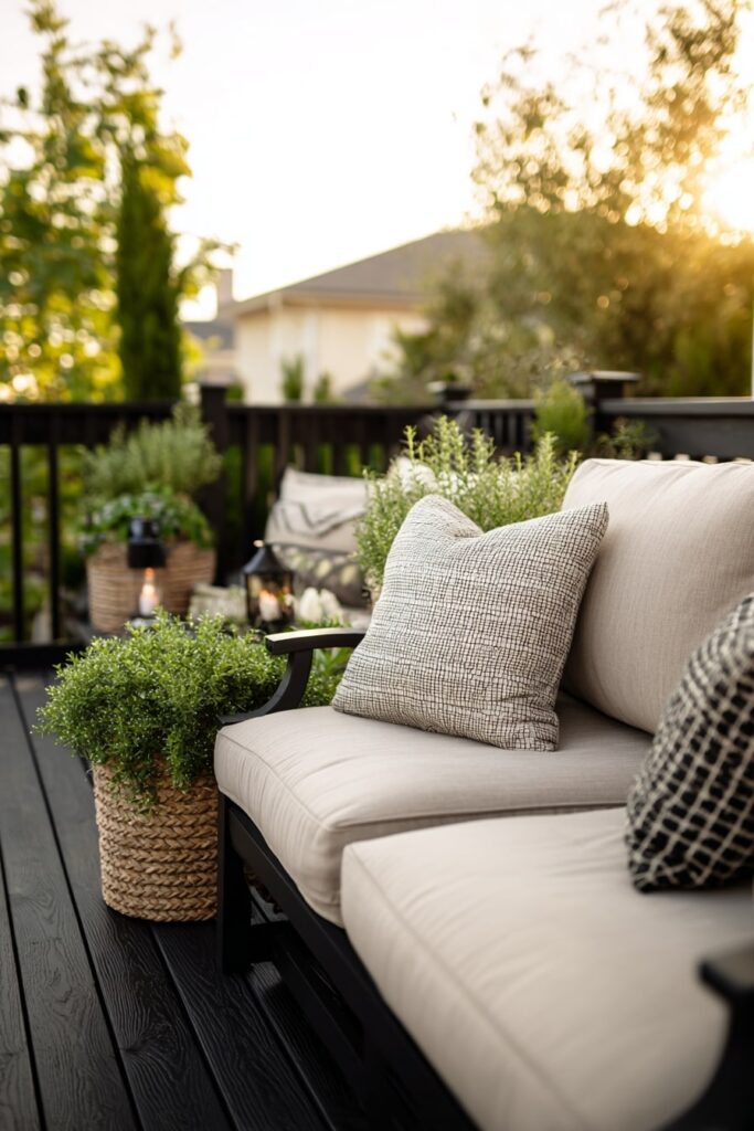 20. Soft Neutrals on a Bold Black Decking Corner