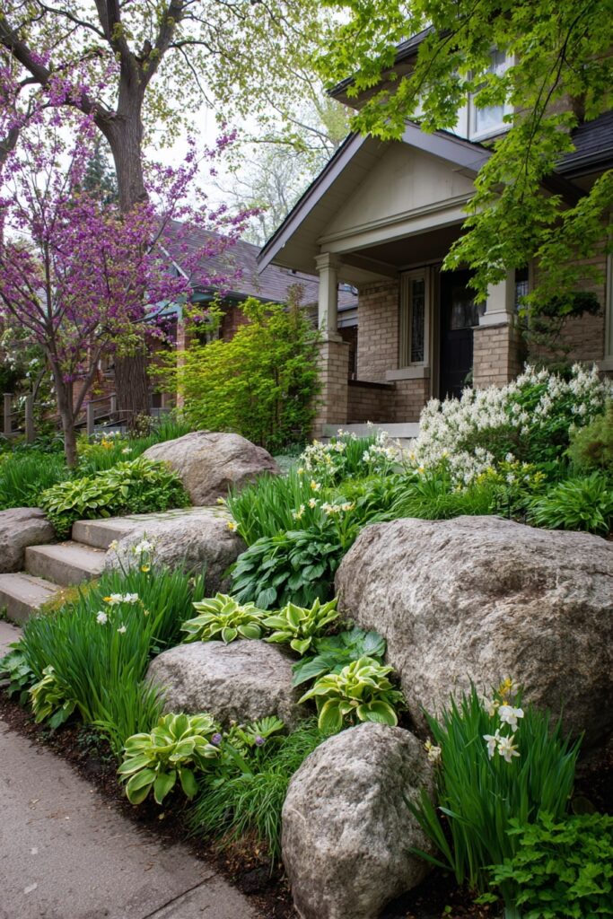 12. Bloom-Filled Front Yard with Boulder Layers