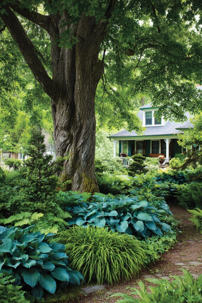 6. Bark-Lined Shade Path with Lush Hosta Border