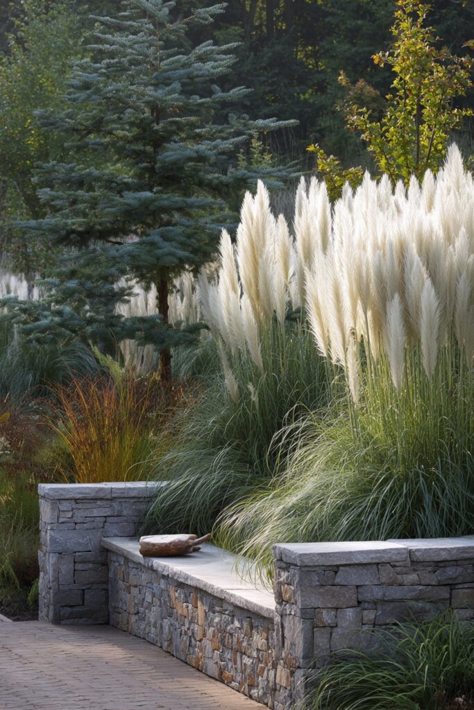 Pampas Grass Border by Stone Bench