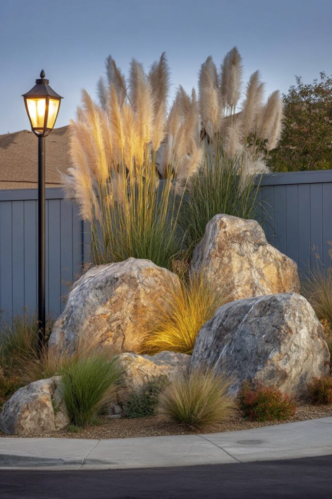 2. Corner Rock Border with Pampas Glow