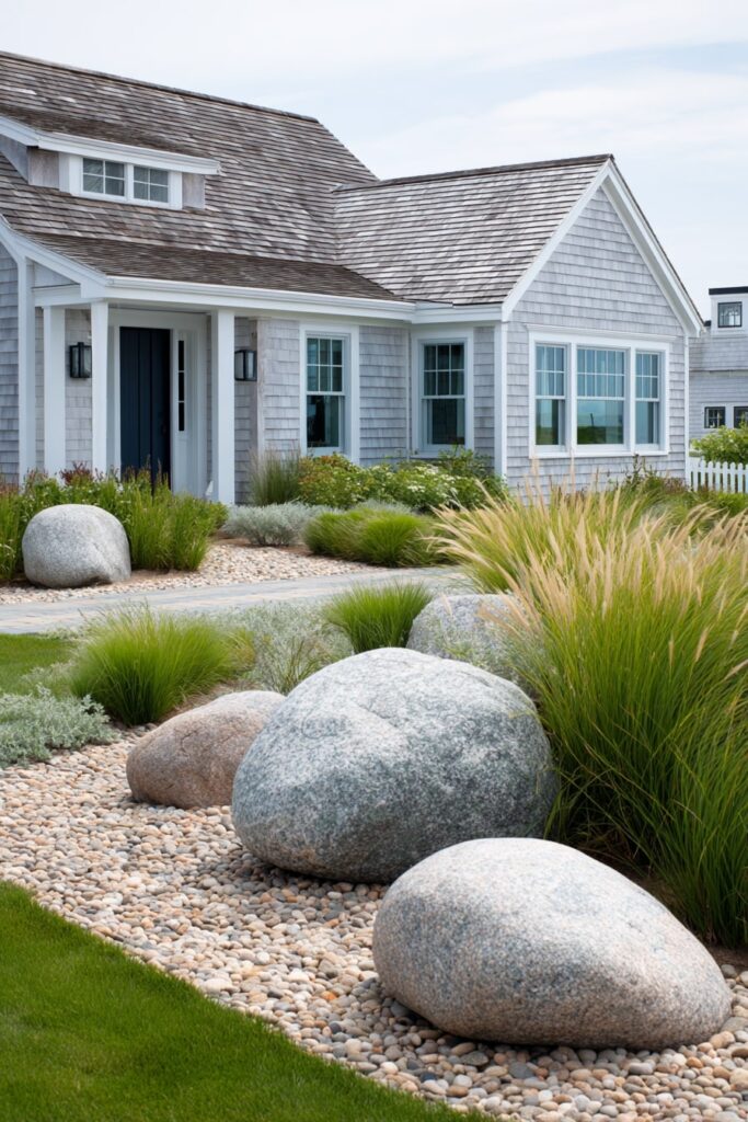 5. Coastal-Inspired Front Yard with Grasses and Boulders