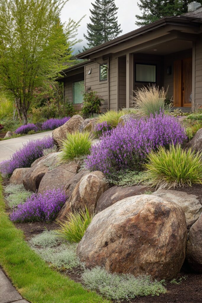 3. Lavender-Lined Boulder Border