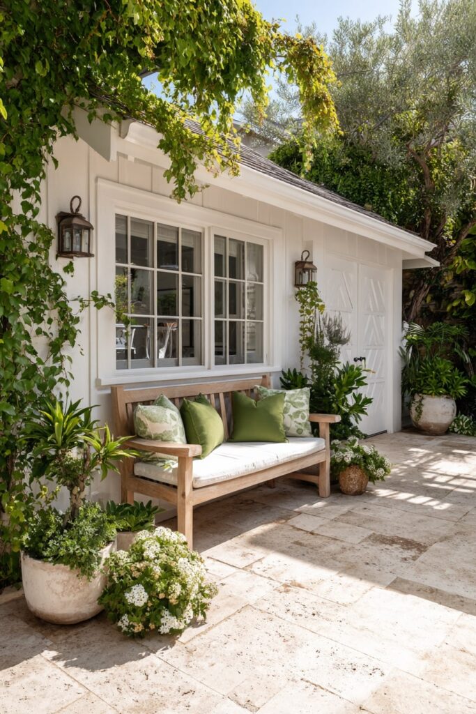 Sunny Patio Bench with Fresh Green Accents