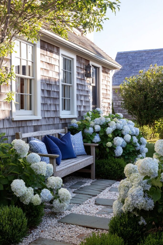 Cottage Bench Surrounded by Hydrangeas