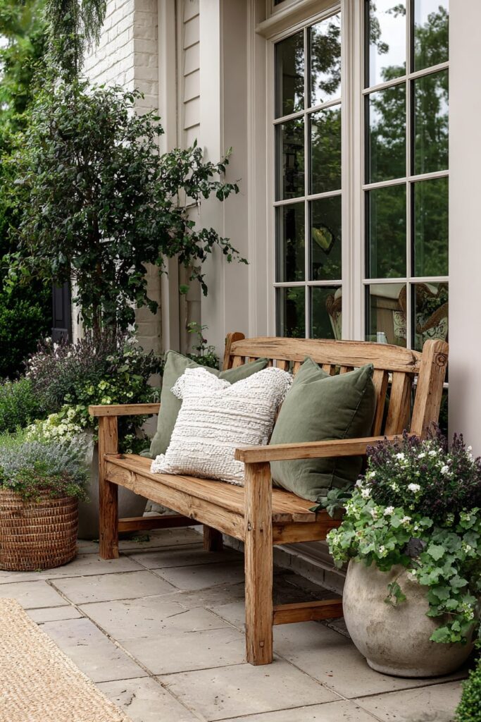 Rustic Wooden Bench with Cozy Patio Vibes