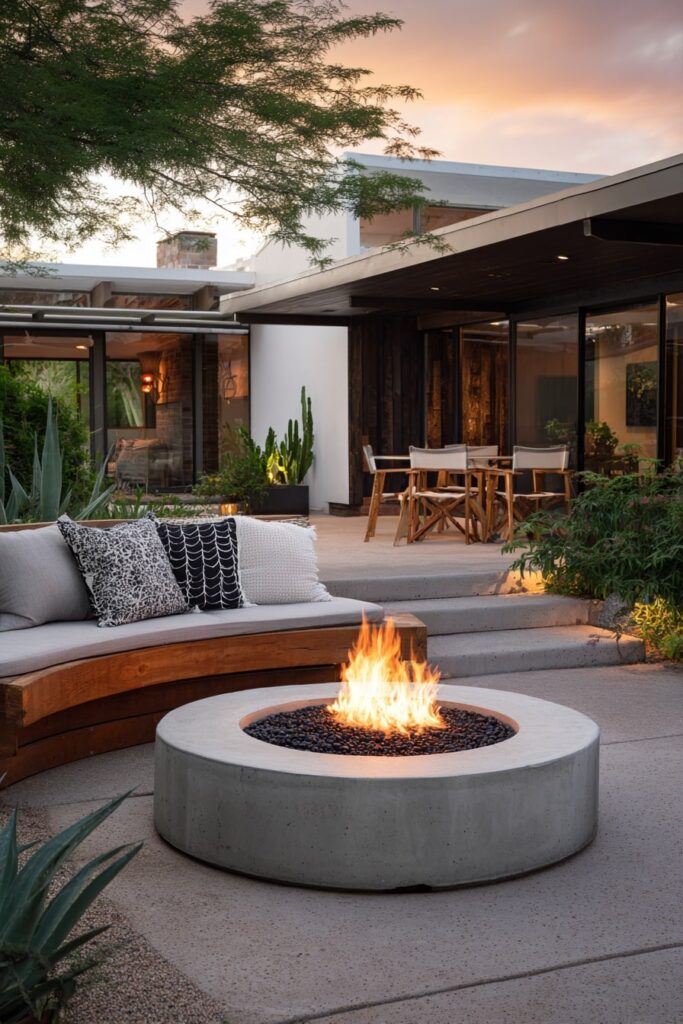 2. Sleek Round Concrete Fire Pit with Curved Bench