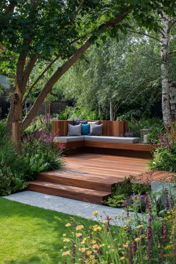 18. Woodland-Inspired Decking Corner with Built-In Benches