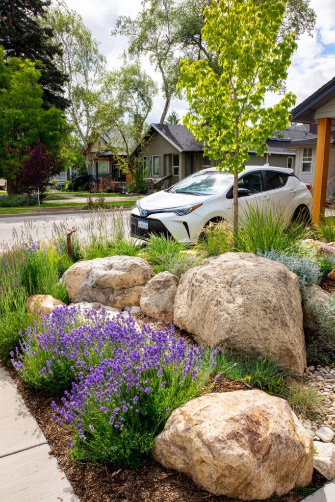 20. Pollinator-Friendly Front Yard with Lavender and Stone
