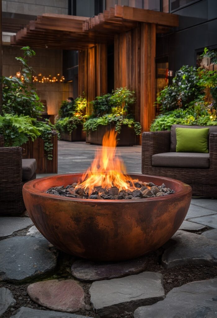 24. Rustic Clay Fire Bowl with Natural Stone Setting