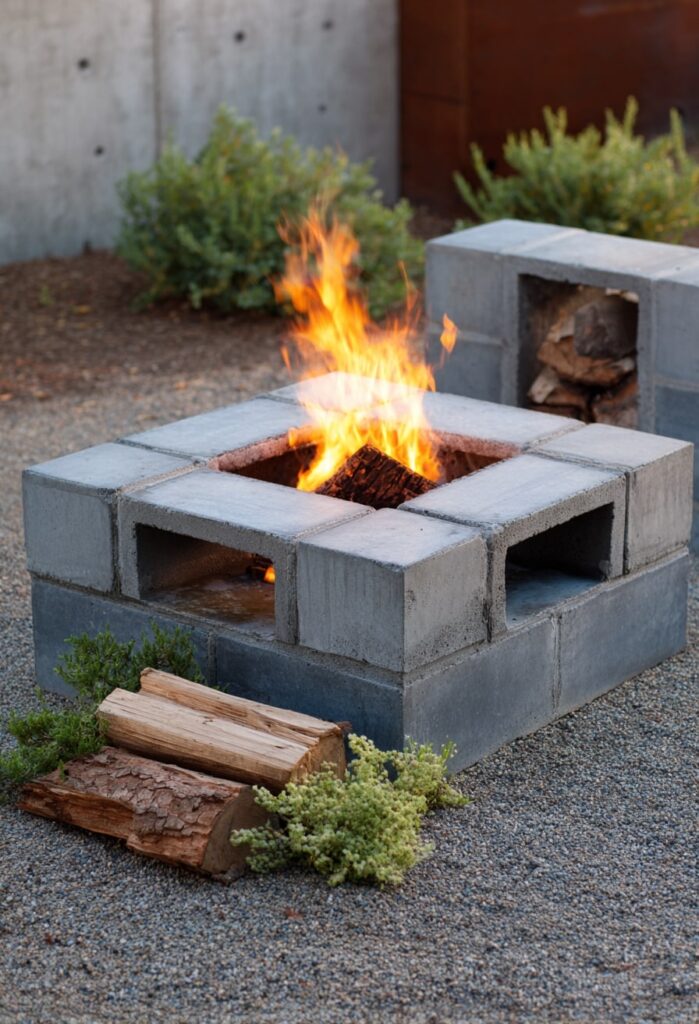 17. DIY Cinder Block Fire Pit with Storage Nooks