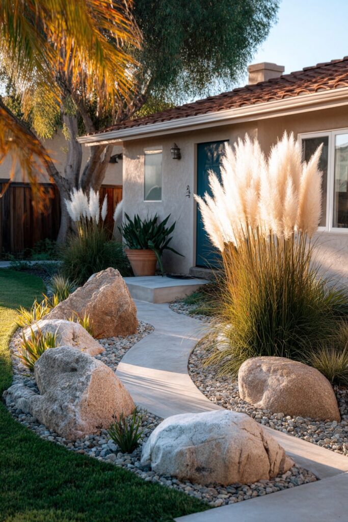 Desert-Inspired Grass Border with Boulders