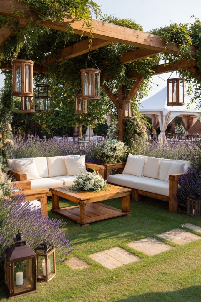 3. Rustic Pergola Lounge with Lavender Edging