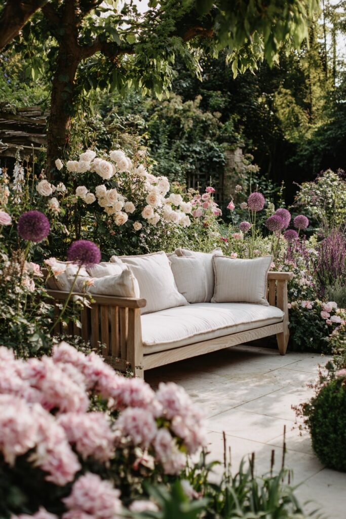 19. Soft Wood Garden Sofa Among Peonies and Alliums