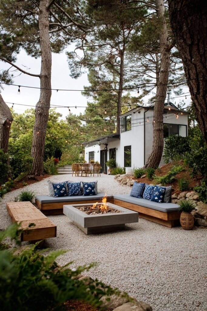 20. Backyard Gravel Lounge with String Lights and Built-In Fire Pit